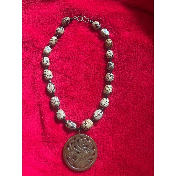STUNNING Antique Ancient Jade  Dragon Circular Pendant Necklace on Dalmatian. - Picture 1 of 5